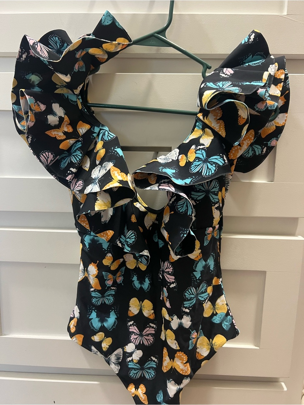 Buddy Love Black One-Piece Swimsuit with Teal, Yellow & Pink Butterfly Print